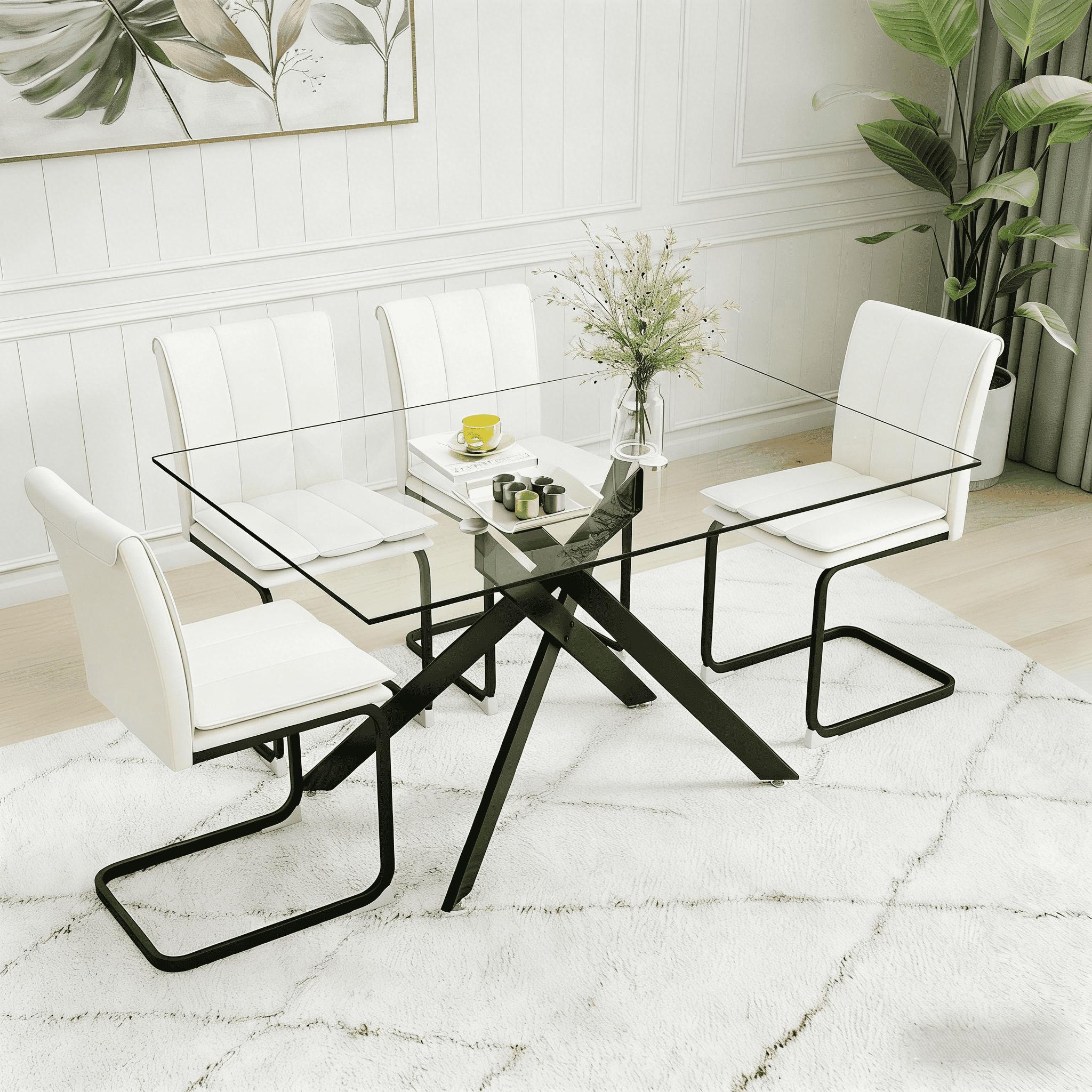 51.18 "Rectangular Glass Dining Table with Clear Tempered Glass, Golden Plated Tubular Metal Legs with Adjustable Leveling Feets, Kitchen Table for Dining Room,Dinner Table（ONLY TABLE）