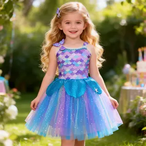Girls Mermaid Sequin Dress | Aqua & Purple Tulle Skirt with Starfish Accents