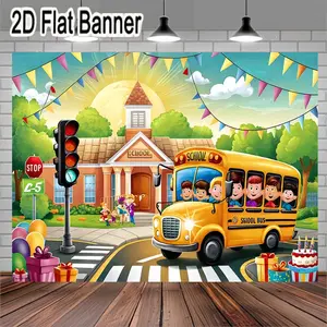 2D flat banner, 1pcVibrant School Scene Birthday Party Decoration Kit with Colorful Bunting Flags, School Bus Themed Party Supplies, Red Brick School Entrance Backdrop, Fun Gifts and Balloons, Ideal for Celebrating School Milestones