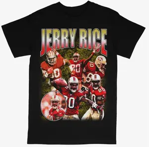 Jerry Rice Graphic Tees,  San Francisco Football, Menswear Crew Neck Football Streetwear T-Shirt, Unisex Casual Regular Fit Cotton Tops, Good Vintage Hip-Hop Bold Retro Apparel, Men Round Neck Y2K Sports Tees