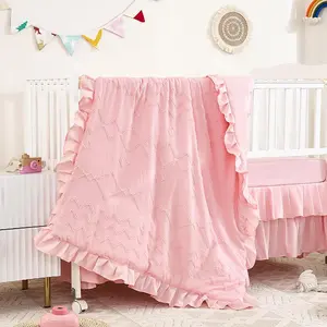 3-Piece Tufted Ruffle Crib Bedding Set for Girls - Soft Baby Bedding Set Includes Boho Crib Comforter, Sheet & Skirt (Light Pink)