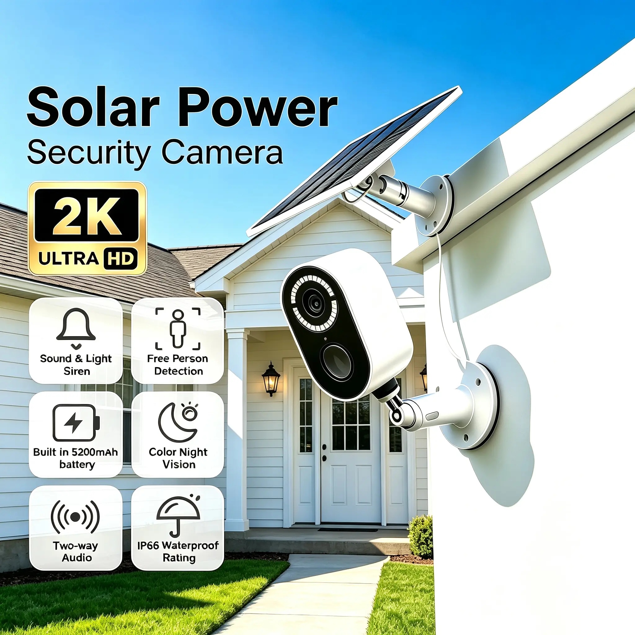 Wireless Solar Powered Outdoor Security Camera, 2K HD WiFi, Spotlight Two-Way Audio, Night Vision AI Motion Detection, Supports SD & Cloud Storage, Easy Install for Home