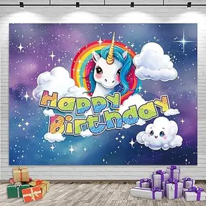 Colorful Unicorn Theme Happy Birthday Backdrop, 4.5x6 Feet Magical Starry Sky Birthday Banners Ornaments