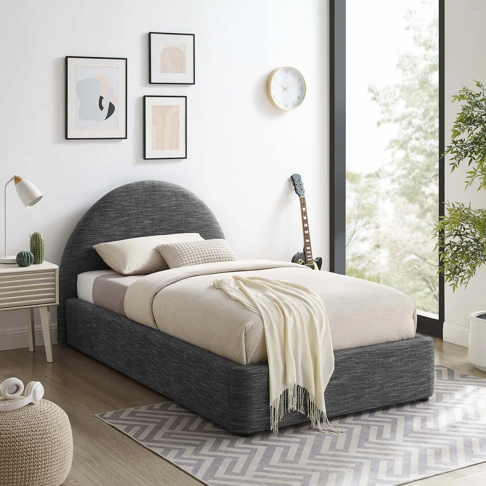 Modway Resort Upholstered Fabric Arched Round Twin Platform Bed in Heathered Weave Slate
