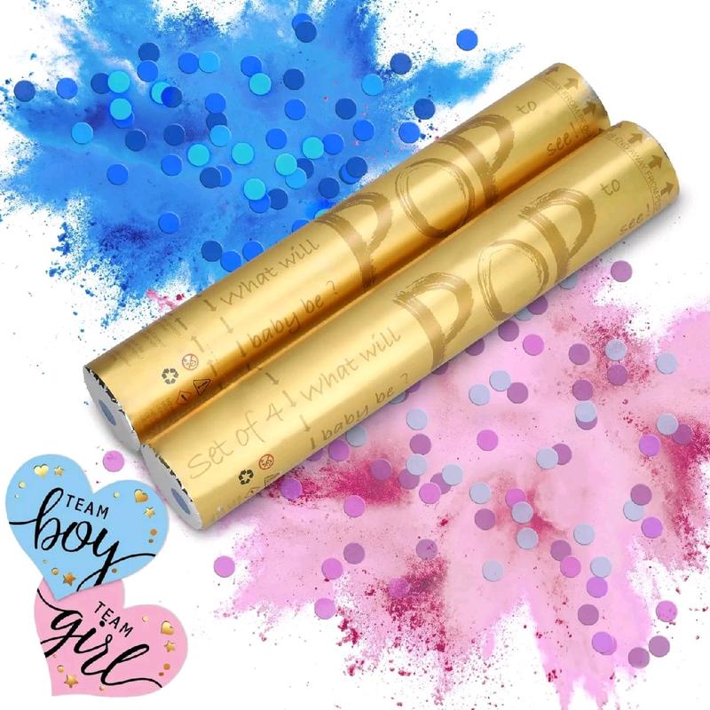 Gender Reveal Confetti Powder Cannons Set of 4 (2 Pink 2 Blue) 40pcs Team Boy Team Girl Voting Stickers