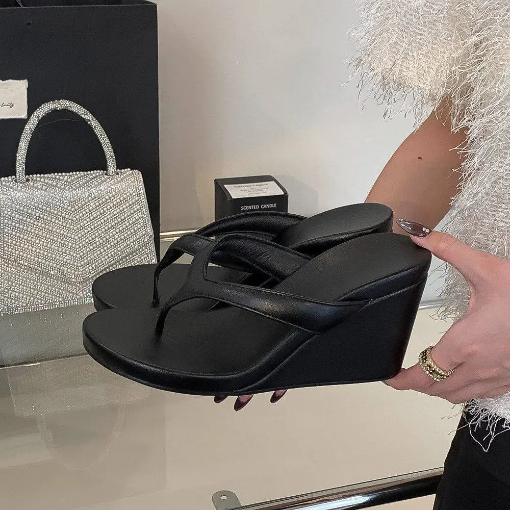 Women's Fashion Synthetic Wedge Flip Flops - Soft Leather Upper, 8cm Heel, Cushioned Insole & Sole, Open-Toed, Slip-On, Casual Chic Footwear for All-Day Beach Comfort, Affordable Design