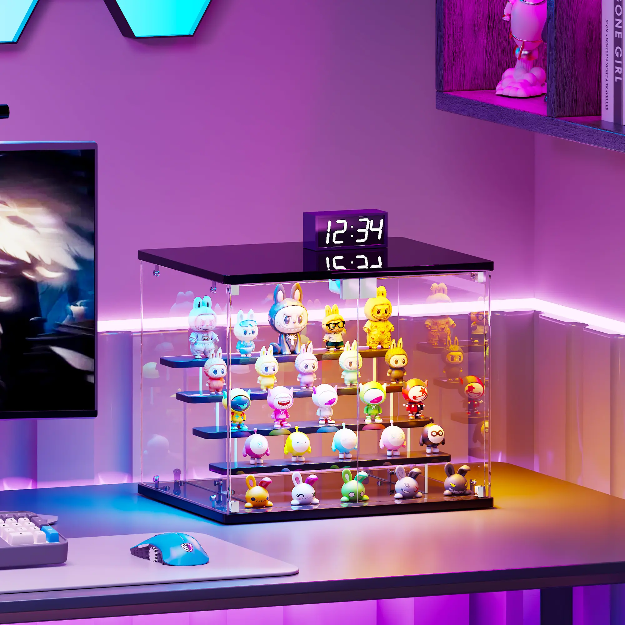 Vlsrka 4-Sided Glass Display Case - with 5-Tier Display Risers,Figure Display Box with RGB Lights, RGB Display Cabinet with Glass Door for Collectibles,Small Tabletop Glass Cabinet