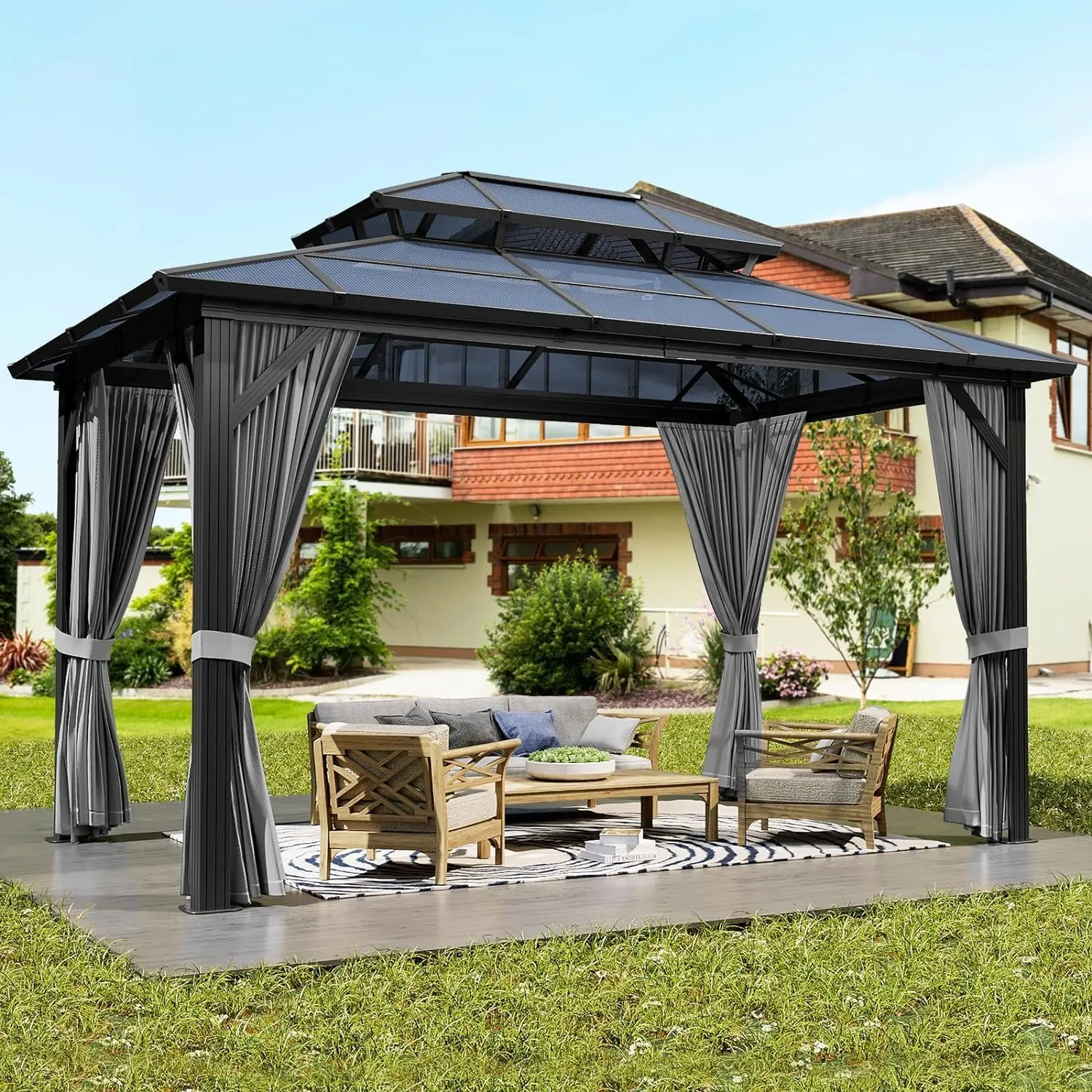 Hardtop Gazebo with Outdoor Polycarbonate Double Roof, Curtains and Netting, Aluminum Frame Sunshade for Patio, Garden & Lawn