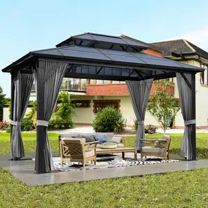 Hardtop Gazebo with Outdoor Polycarbonate Double Roof, Curtains and Netting, Aluminum Frame Sunshade for Patio, Garden & Lawn,summervibes