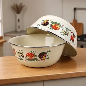 Set of 3 Durable Enamel Bowls with Vintage Floral Design, Perfect for Preserving Fruits Vegetables Salads, Dishwasher Safe Reusable, Durable Kitchenware