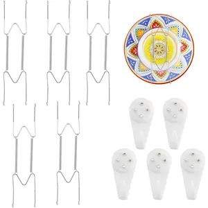 5 Pack Plate Hangers for Wall, Suitable for 9-12 inch Art Plate, Stainless Steel Invisible Heavy-Duty Wire Plate Holder with Wall Hooks, Display Hanger for Decorative Plates/Dishes/Platters(Silver)