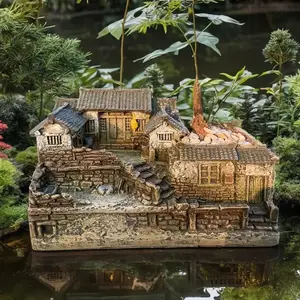 Miniature Vintage Rustic Old House Resin Bonsai Pot, Resin Flower Pot, Decorative Planter with Drainage Hole, 3.93"h X 6.61"l, Plant Not Included