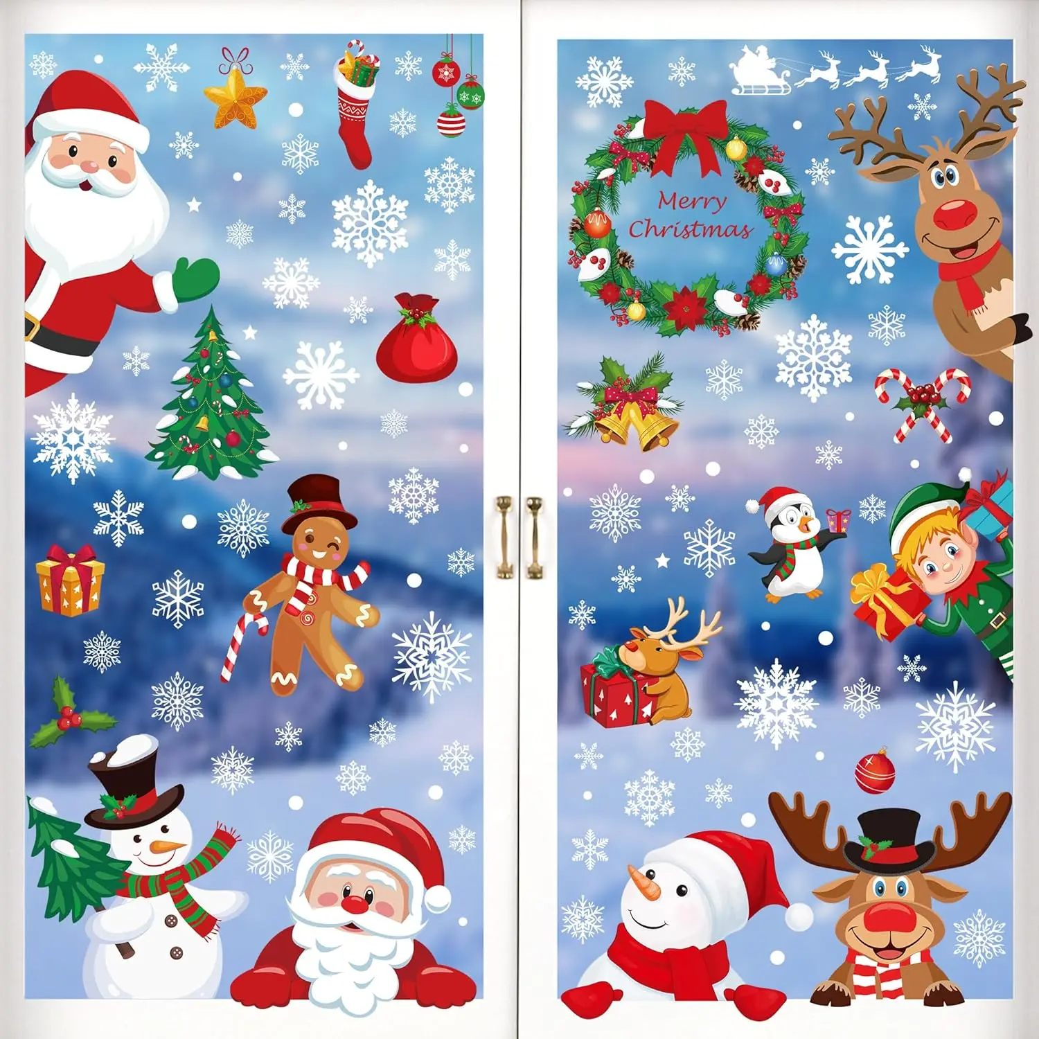 Festive Christmas Decor Set 186PCS with 9 Sheets Snowflake Window Clings Featuring Santa Claus Snowman & Reindeer for Holiday Windows