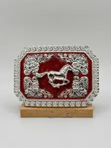 Horse running belt buckle- Silver with maroon