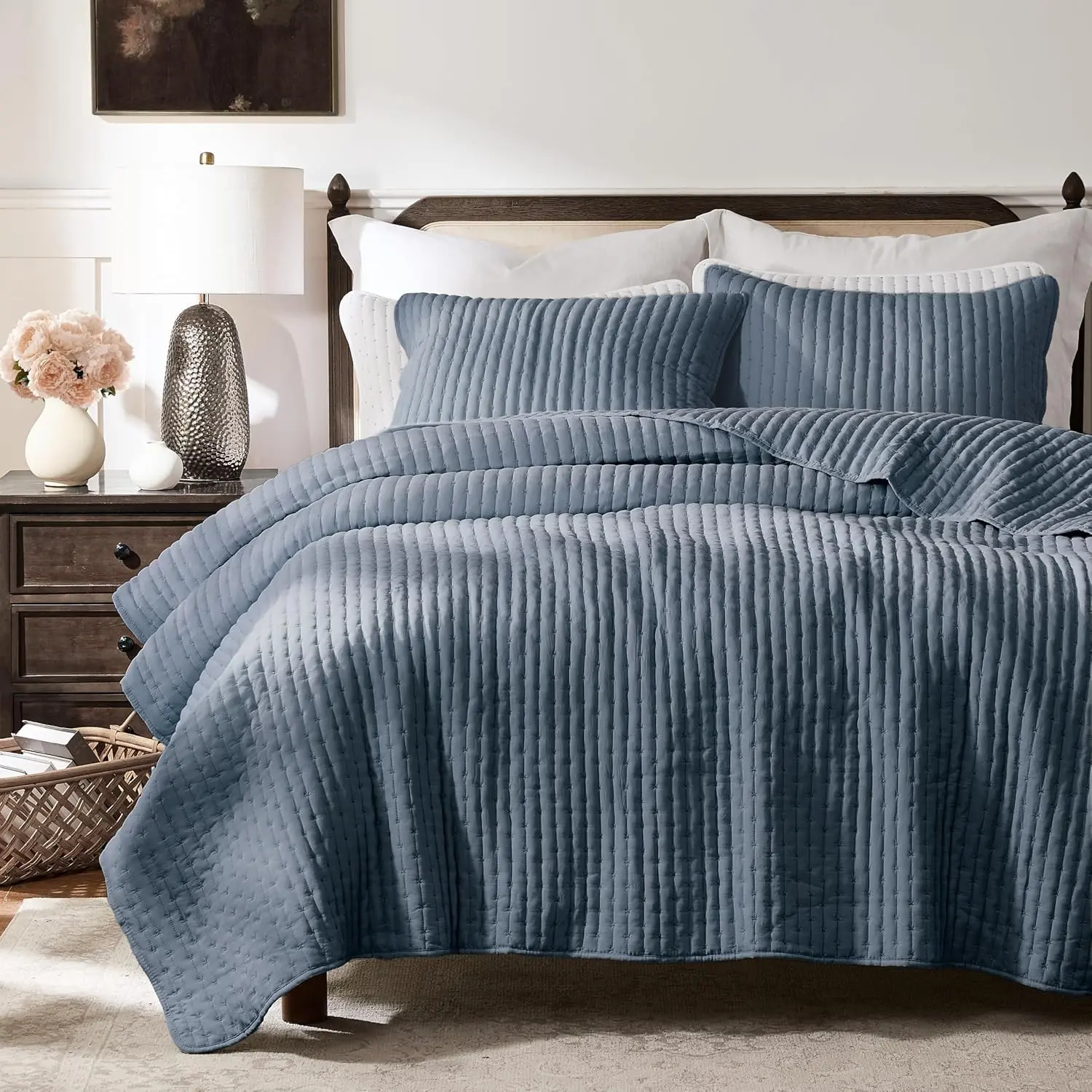 WDCOZY Blue Cross Stitch Queen Size Quilt Set, Striped Lightweight Soft Bedspread, Channel Farmhouse Rustic Coverlet, All Season Country Bedding, Thin Comforter