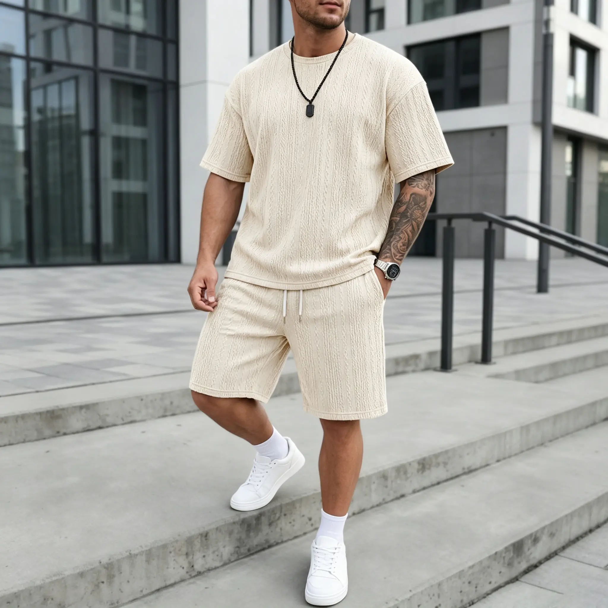 Men's Loose Fit 2-Piece Summer Set, Oversized Textured Knit Tee with Relaxed Fit Drawstring Shorts