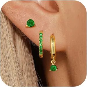Sterling Silver Hoop Earrings Set for Women, 14K Gold Plated | Silver Blue | Emerald Green Shiny CZ Earrings Set, Hypoallergenic Earring for Sensitive Ears, No tarnish No Lead