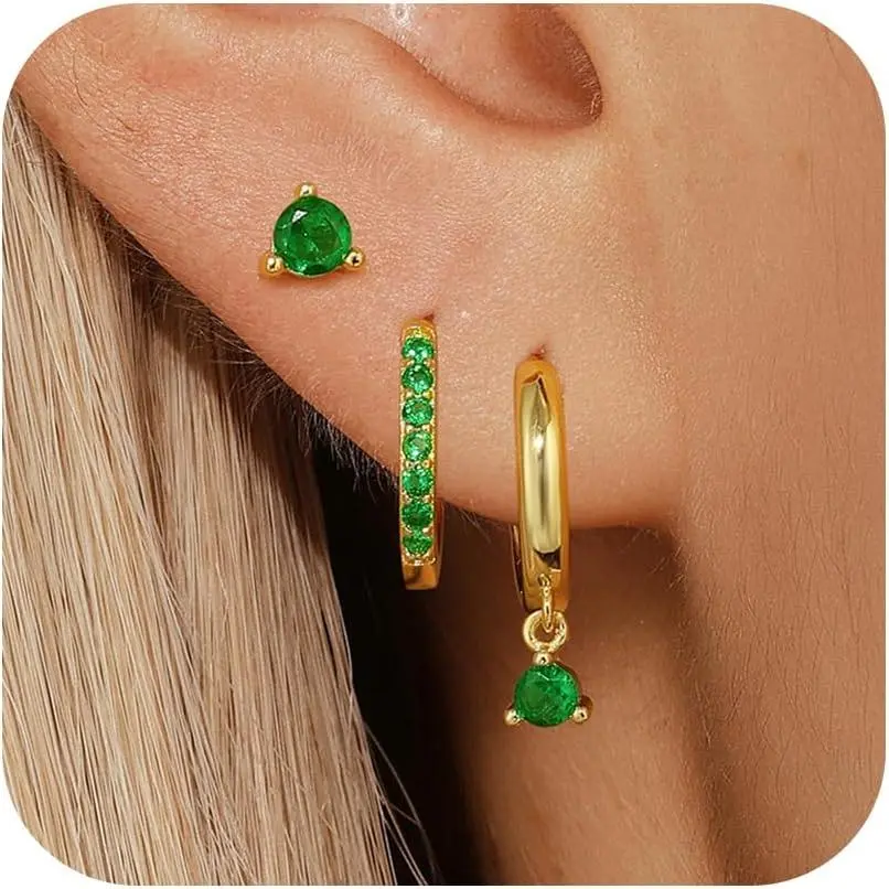Sterling Silver Hoop Earrings Set for Women, 14K Gold Plated | Silver Blue | Emerald Green Shiny CZ Earrings Set, Hypoallergenic Earring for Sensitive Ears, No tarnish No Lead