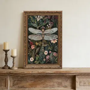 Vintage Textured Wall Art - Dark Green Dragonfly Flowers Wall Decor - Hand Drawn Sandstone Nature Botanical Pictures for Living Room Bedroom Home Decor