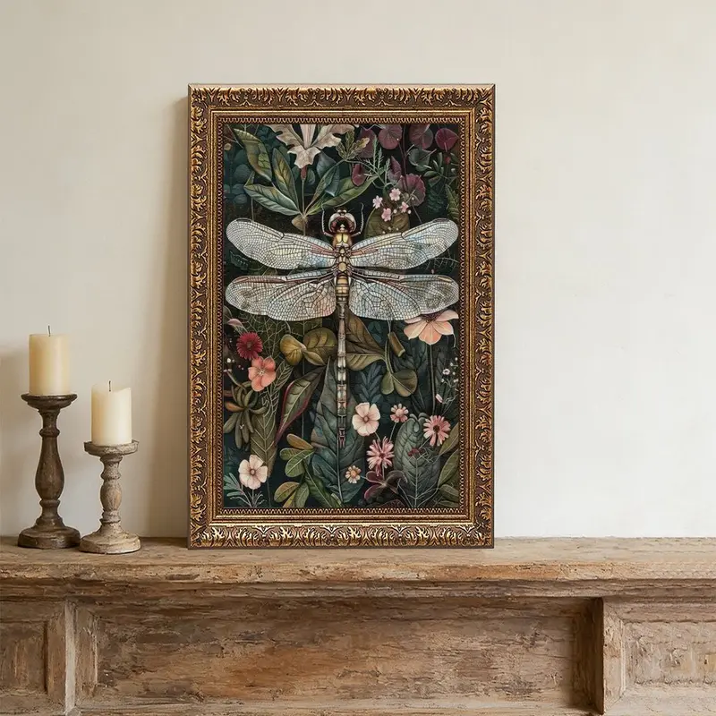 Vintage Garden Print Wood Wall Art - 1-Piece Artistic Dragonfly Focal & Dark Green Botanical Sandstone Print, Earthy Tones Home Goods, House Decor Decoration for Living Room, Bedroom