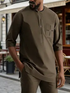 Men's Dashiki Set, Casual Style, Round Neck, Pockets, Embroidery, Hidden Button Design, Short Sleeve, Drawstring Waist Pants