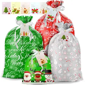 Christmas Gift Bags Assorted Sizes, 20PCS Drawstring Christmas Gift Bags with Tags, Christmas Wrapping Bags for Xmas Presents Party Favor, 4 Designs (5 of Each) Extra Large/Big/Medium/Small Sizes