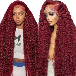 99J Burgundy 13x6 Deep Wave HD Lace Front Wig Brazilian Virgin Hair Pre Plucked with Baby Hair Curly Wig for Women Natural Look, Brazilian Human Hair