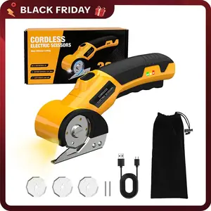 【TikTokShopHolidayHaul】Cordless Electric Scissors 4V – Rechargeable Heavy Duty Cutter with Safety Lock, LED Light, Long Battery Life & 2 Extra Blades | Easy-to-Use Wireless Shears for Cardboard, Packaging Yellow with Storage Bag