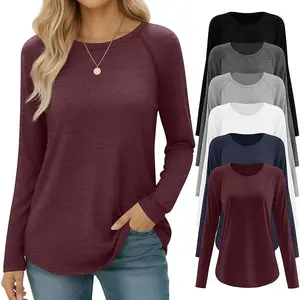 6 Pack Womens Long Sleeve T Shirts Crew Neck Raglan Sleeve Basic Tops Curved Hem Loose Fit Casual Tunic