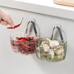2PCS Wall Mounted Garlic & Ginger Storage Basket Self Adhesive Kitchen Hanging Organizer Basket for Bathroom Desk Storage
