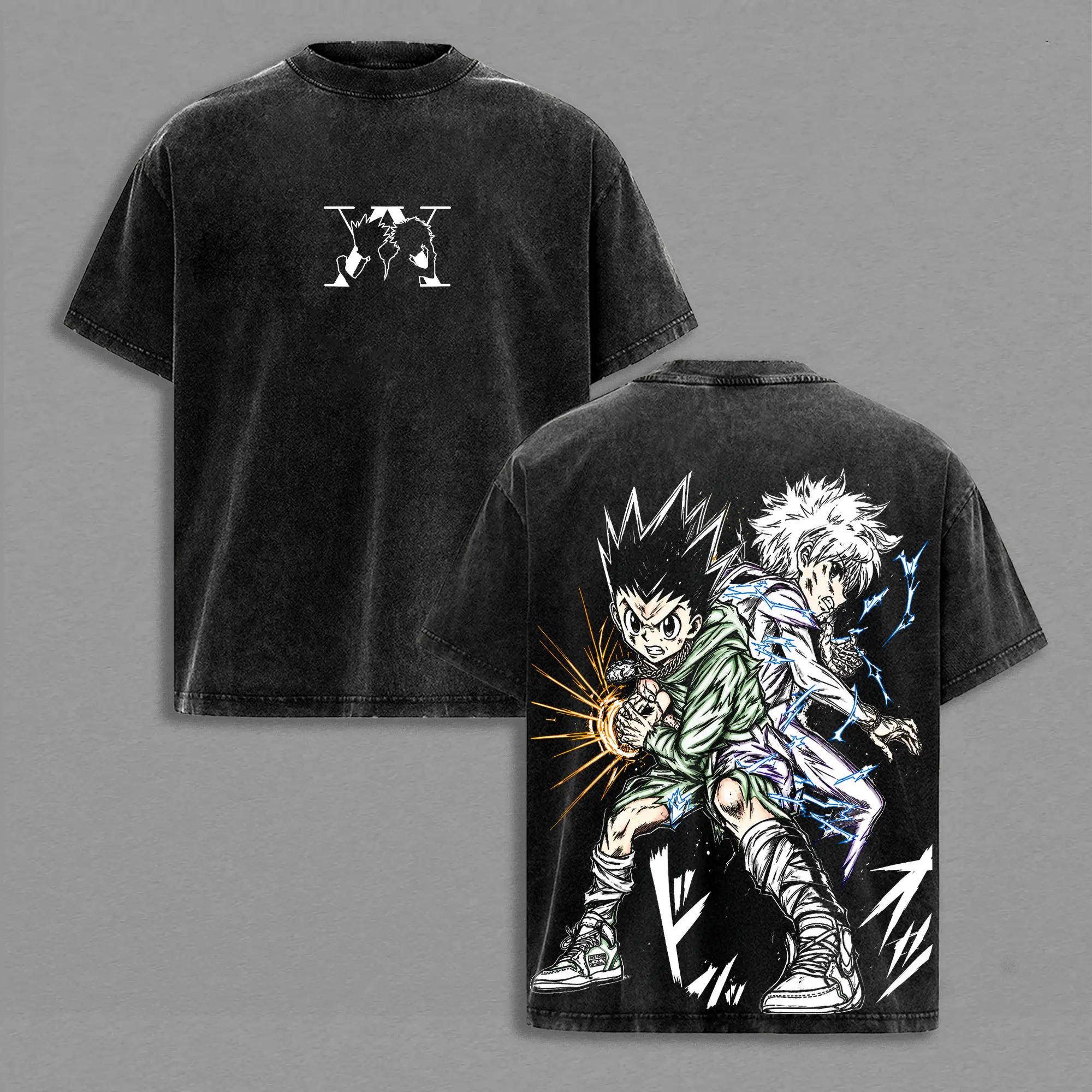 Hunter x Hunter Gon Freecss Killua Zoldyck Anime Vintage Washed Shirt Duo Graphic Tee Oversized Streetwear Unisex