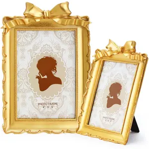 4 x 6 Vintage Bow Photo Frame: Resin Antique Small Frame with Elegant Floral Design Handmade Texture Lightweight Vertical Hanging Art for Living Room Bedroom or Entrance Decorative Traditional