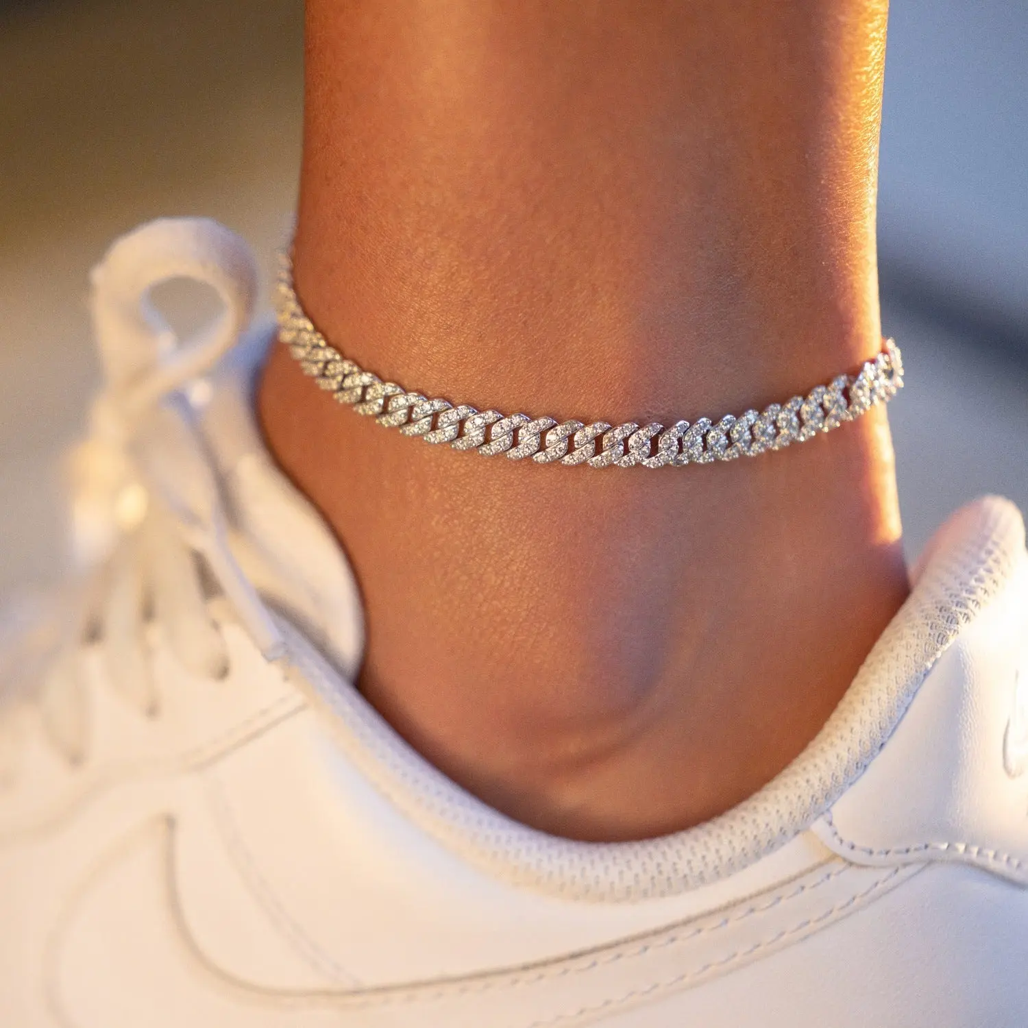 GLD Micro Diamond Prong Cuban Anklet in White Gold - 6mm - Perfect Gift