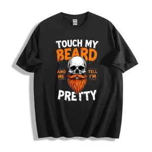 Casual Graphic Unisex T-Shirt With Skull And Beard Design Touch My Beard And Tell Me I'm Pretty Text Statement Tee For Everyday Wear Summer Fall Gift For Him Or Her