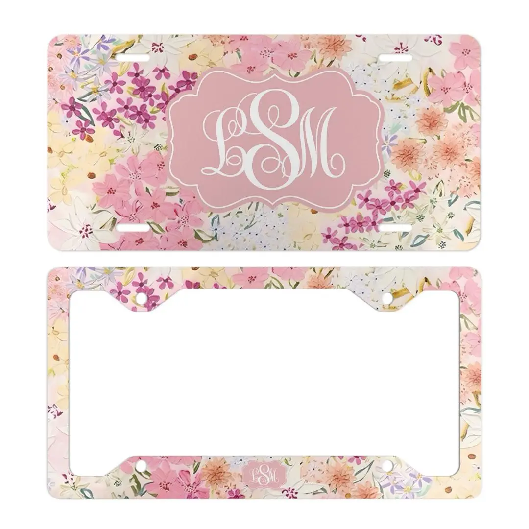 Pink Floral Monogram License Plate Frame Set, Custom Garden Flower Car Tag, Personalized Initial Car Decor, Cute Gift for Her Car Accessories Automotive