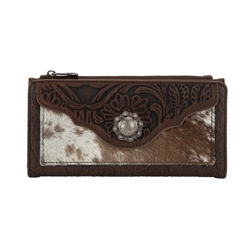 Trinity Ranch Western Cowhide Wallet for Women with Floral Embroidery and Concho Detail in PU Leather