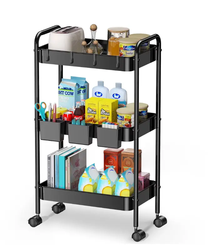 3 Tier Mesh Utility Cart, Rolling Metal Organization Cart with Handle and Lockable Wheels, 3 Hanging Cups and 4 Hooks, Mobile Trolley Cart for Kitchen, Bathroom, Office, Workshop, Black