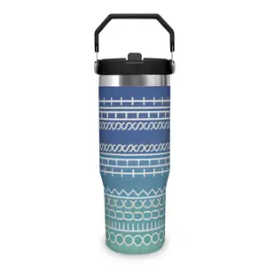 30oz Ombre Blue Geometric Print Tumbler Boho Minimalist Style Insulated Stainless Steel with Handle Perfect for Daily Commute & Outdoor Trips water  bottle  bike