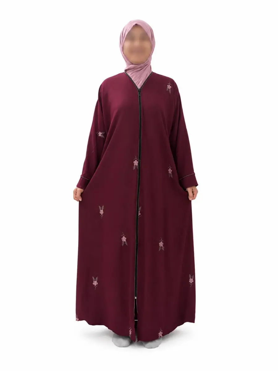 Islamic Modest Floral Embroidered Zip Front open Abaya for Women with beadworks - Maroon