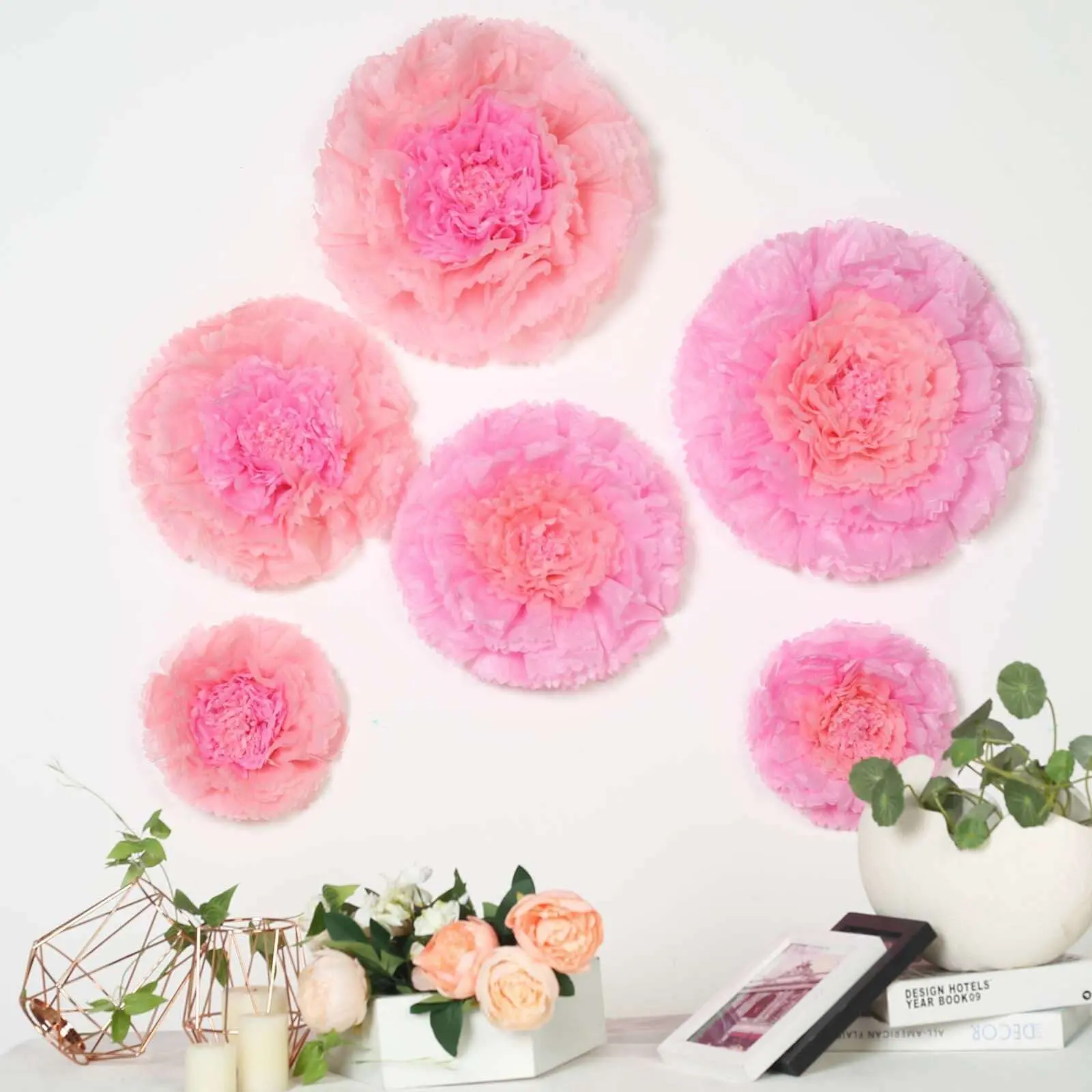 Blush Pink Giant 3D Paper Carnation Artificial Flower Arrangements Set (6 Pieces) - 12in, 16in, 20in Home Wall Decor