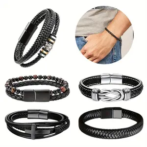 5 Pcs Black Leather Woven Leather Wristband Steel Braided Cuff Bracelets Cowhide Rope Bracelet Fashion Accessories