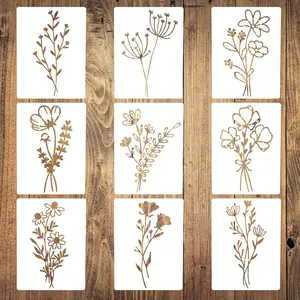 Stencils for Painting on Wood 9Pcs Flower Reusable Wildflowers Stencil Drawing Wall Furniture