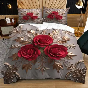 Rose Pattern Soft Durable Bedding Set, Includes 1 Fitted Sheet & Pillowcases, Perfect Gift for Teens Adults, Modern Bedroom Decor, Decorative Bedding Set