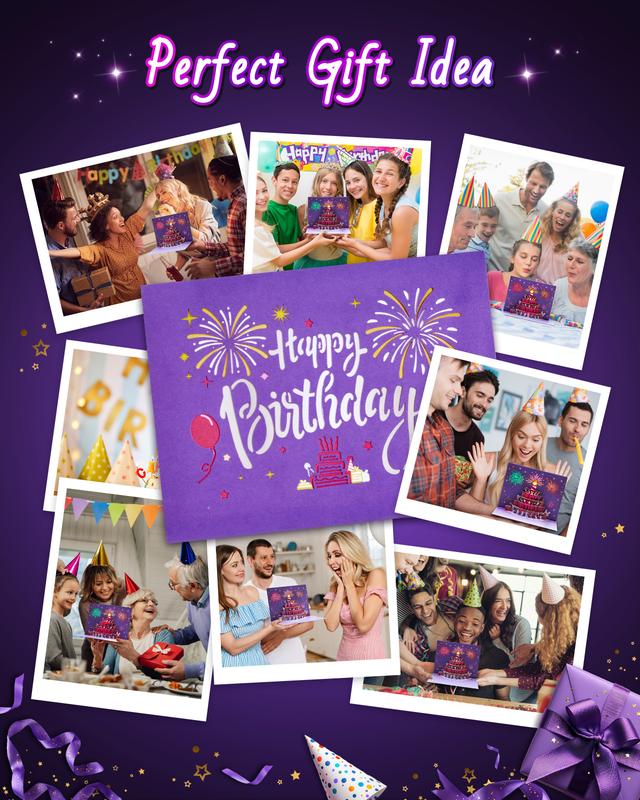 Happy Birthday Gift Card with DIY Number 1-99, Purple Birthday Card for Women with 3D Birthday Cake, Firework, Music, Envelope, Pop Up Greeting Card