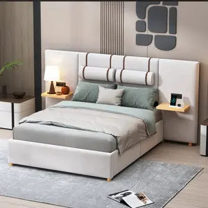 [Bellemave]Queen Size Upholstered Platform Bed, Two Outlets and USB Charging Ports on Both Sides, Two Bedside Pillows, Storage Shelves,Velvet,Beige