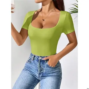 - T Casual Short Square Women PETITE tiktok Neck Sleeve Shirt Bodysuit