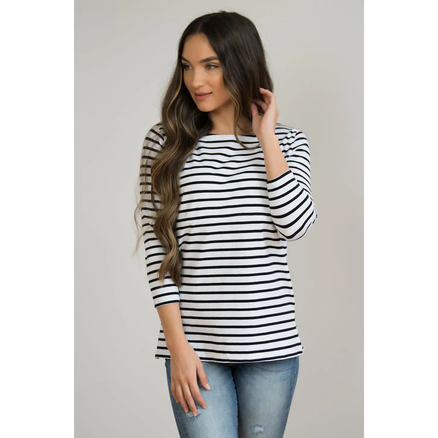 Cotton Striped Nursing Top - 3/4 Sleeves With Hidden Zipper- Black/White
