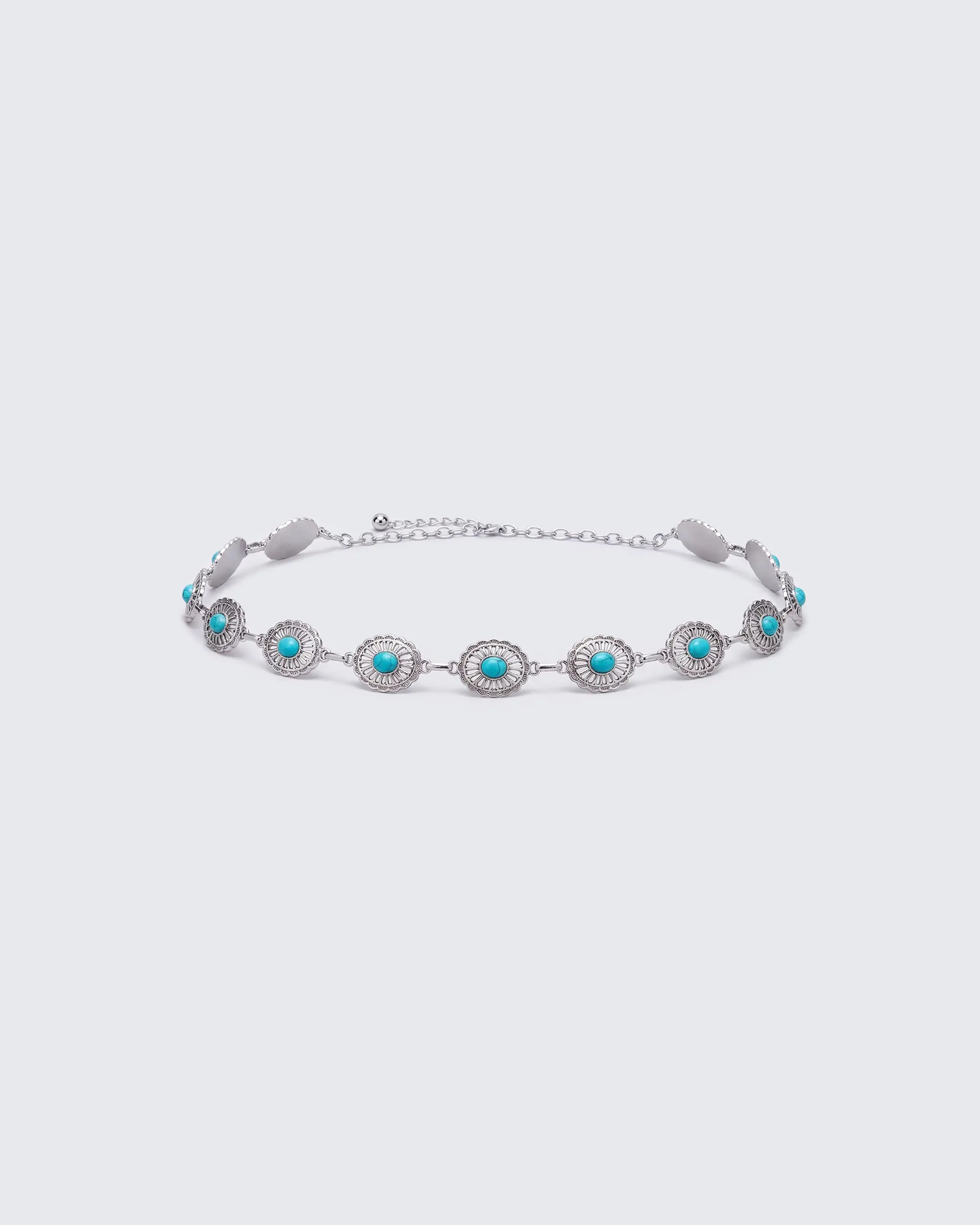 Silvana Silver Turquoise Belt, Women's Crystal Waist Chain with Alloy Center Drop Chain & Decorative Silver Settings, Fashion Clothes Accessory, Waist Chains, Turquoise And Silver Women's Belts