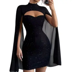 2026 Women's Round Neck Ribbed Pearl Chiffon Cape Bodycon Dress with Cutout Design and Sparkle Finish for Special Events