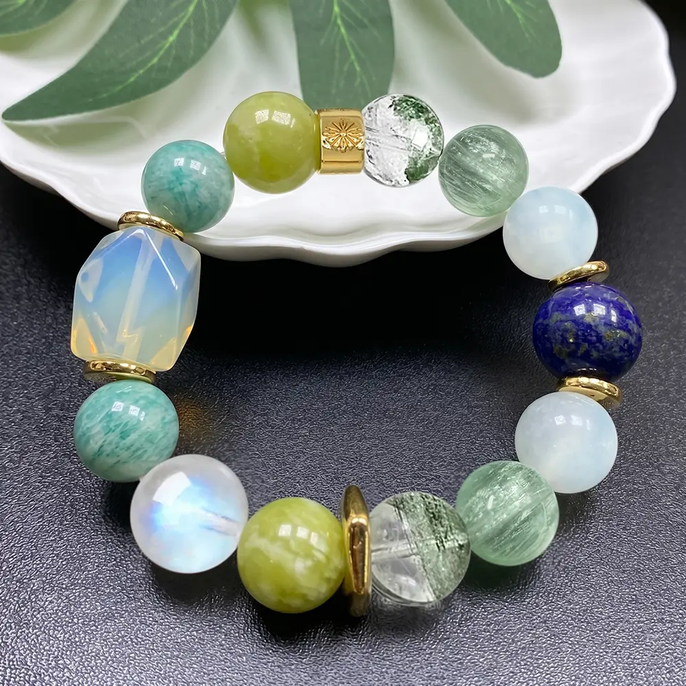Women's Chunky Crystal Bracelet with Opal, Amazonite & Lapis Lazuli - Naturecore Statement Jewelry for Serenity, Best Friend Gift, Wedding, Aquamarine, Female, Statement Pieces, Adults, Intuition, Everyday Wear Jewelry, Natural Crystals, Blue Moonstone, F